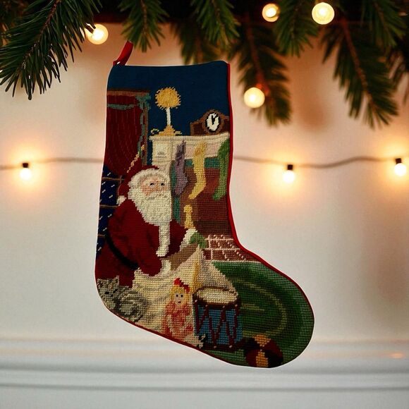 Vintage Christmas Stocking Wool Needlepoint by Hand 17”Velvet Back Santa Doll - Picture 1 of 4